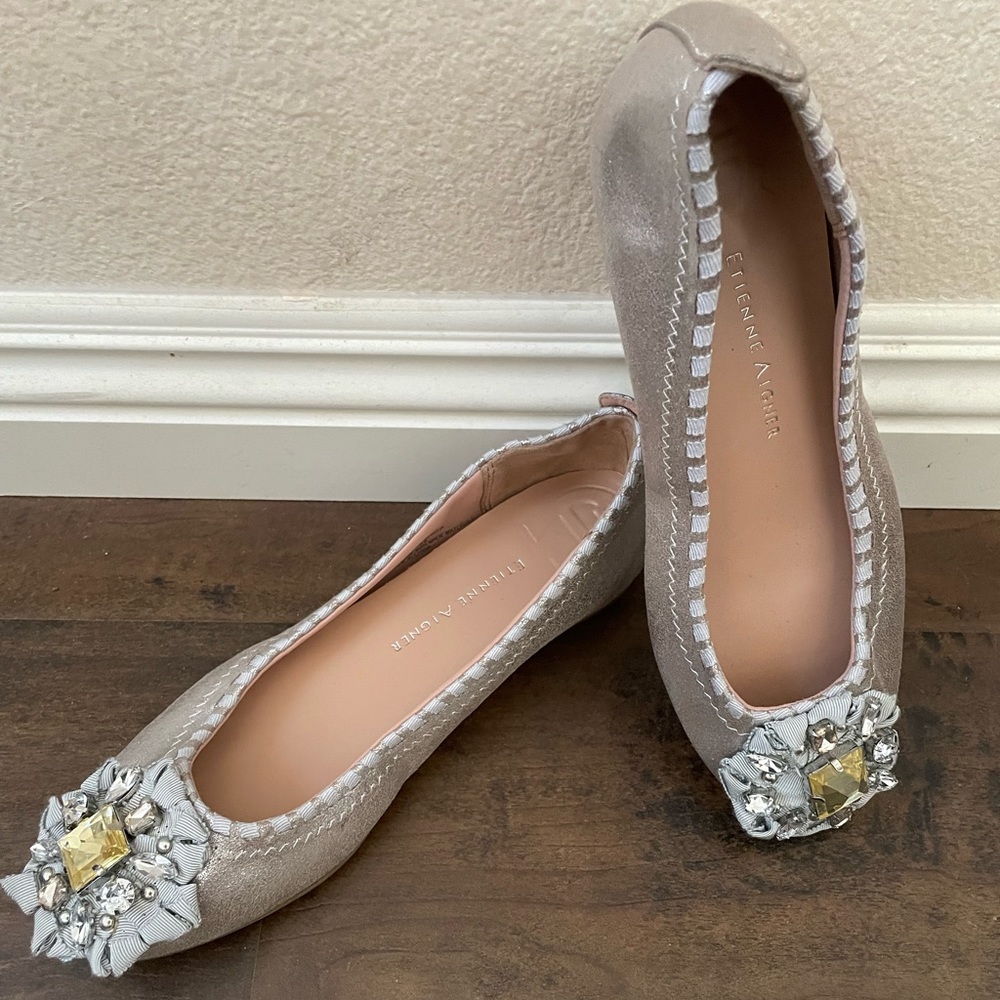 Etienne Aigner Metallic Rhinestone Flats